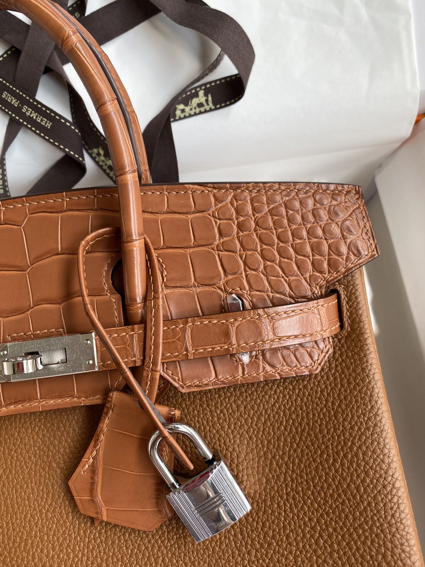 Hermes Touch Birkin 25CM Bag In Caramel Togo and Matte Alligator Crocodile Leather